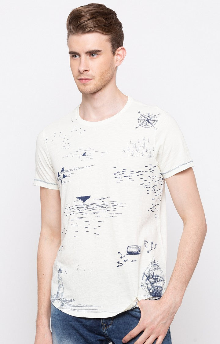 Spykar Off White Printed Slim Fit Men T-Shirts