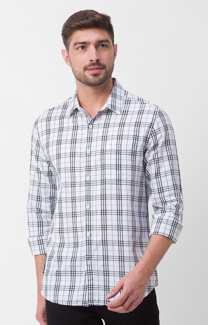 Spykar White Cotton Full Sleeve Checks Shirt For Men