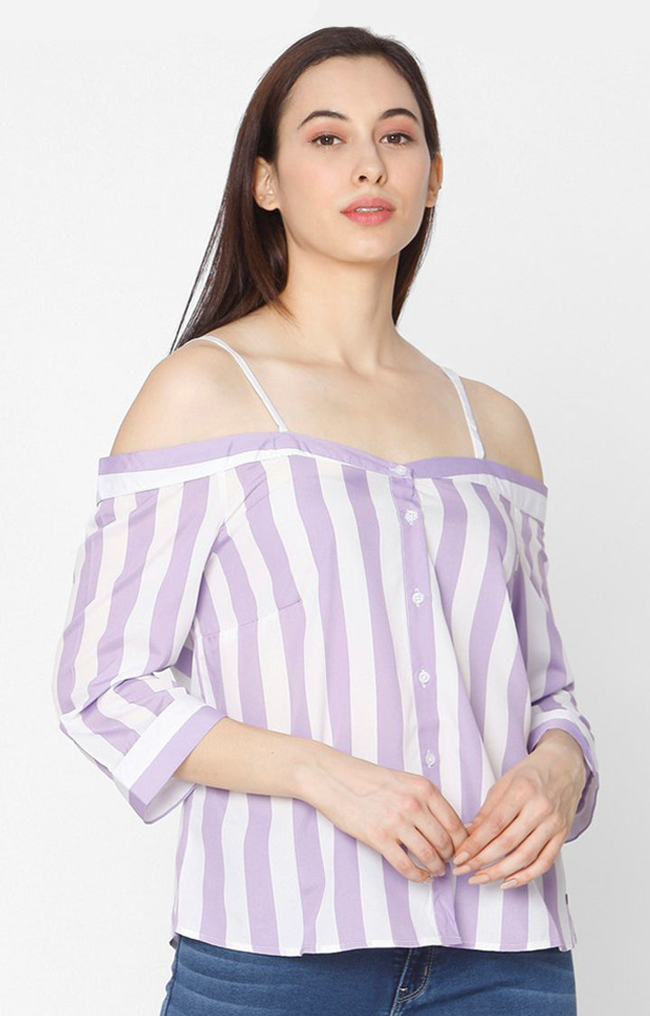 Spykar Slim Fit Purple Sttiped Off Shoulder Cotton Women Shirt