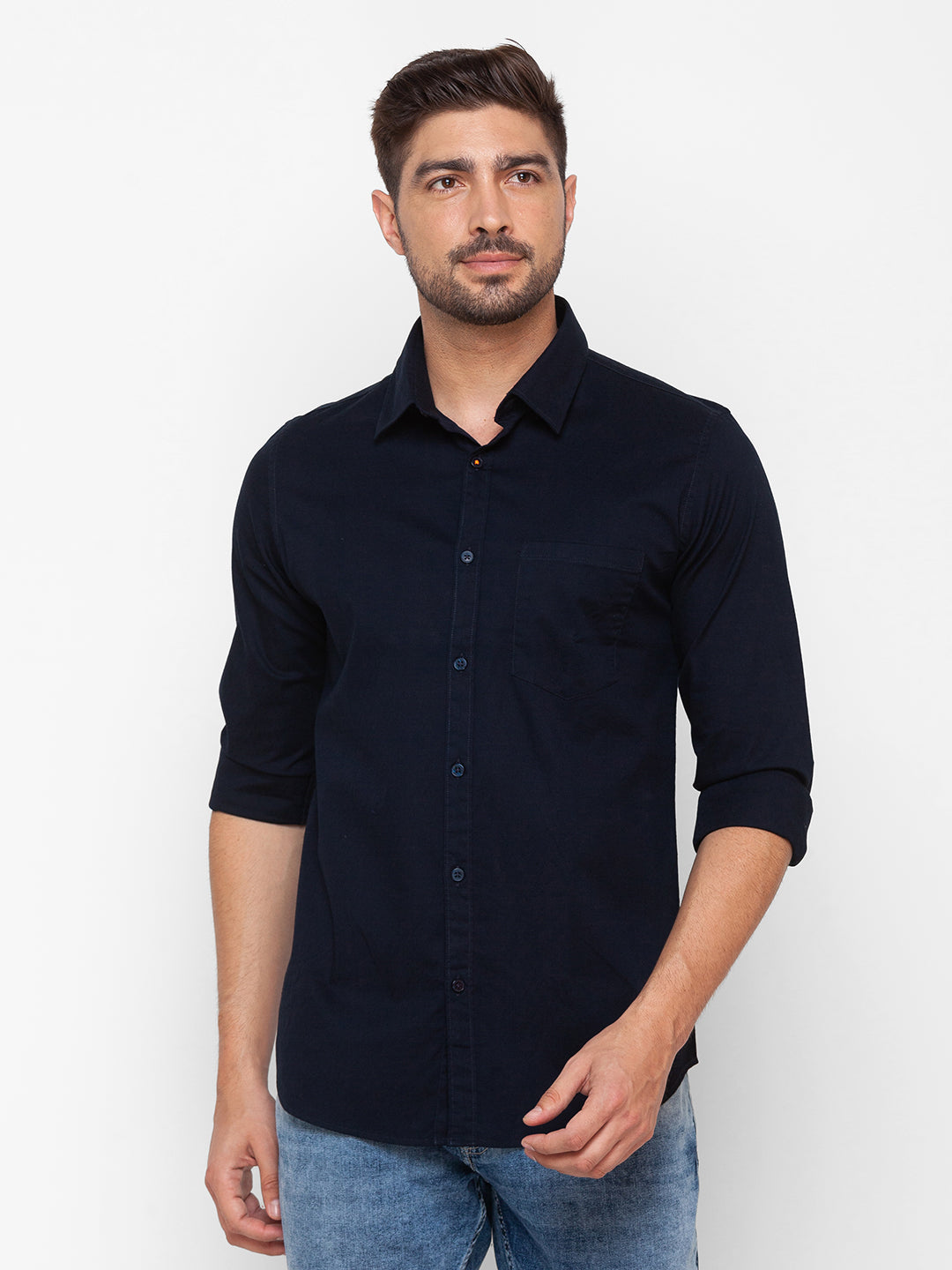 Spykar Navy Blue Cotton Full Sleeve Plain Shirt For Men