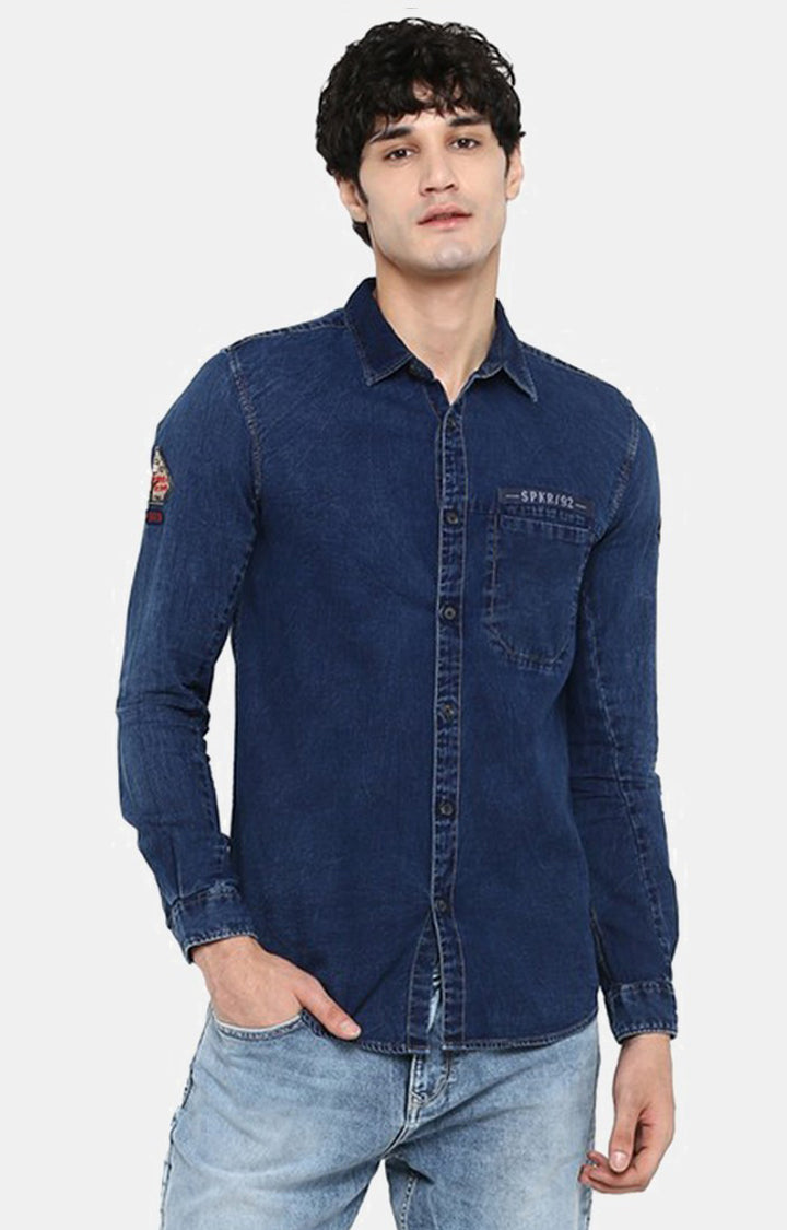 Spykar Blue Cotton Slim Fit Shirts For Men