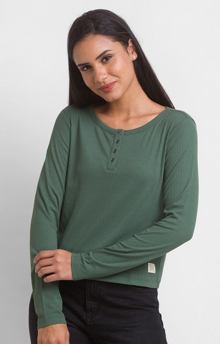 Spykar Dusty Green Cotton Blend Full Sleeve Plain Casual T-Shirts For Women