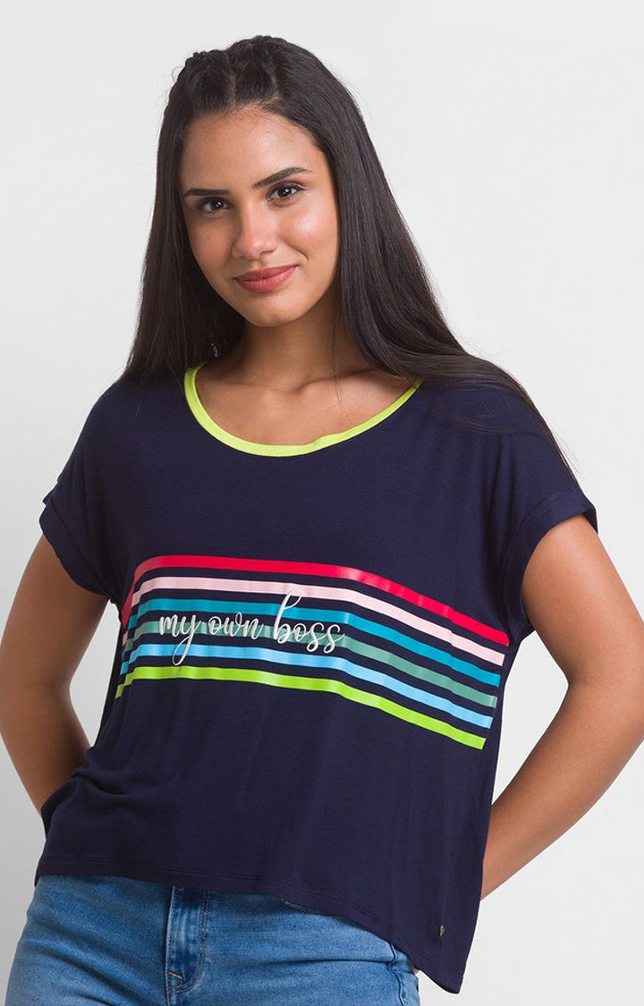 Spykar Navy Blue Blend Half Sleeve Printed Casual T-Shirts For Women