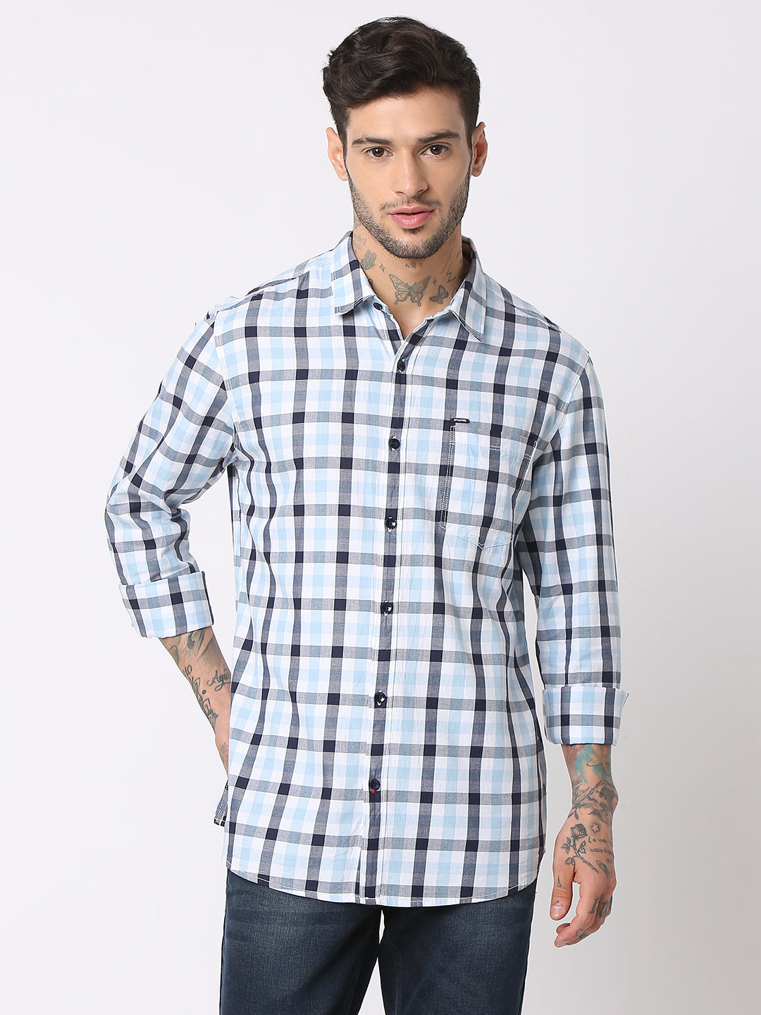 Spykar Men Sky Blue Cotton Regular Fit Checkered Shirts