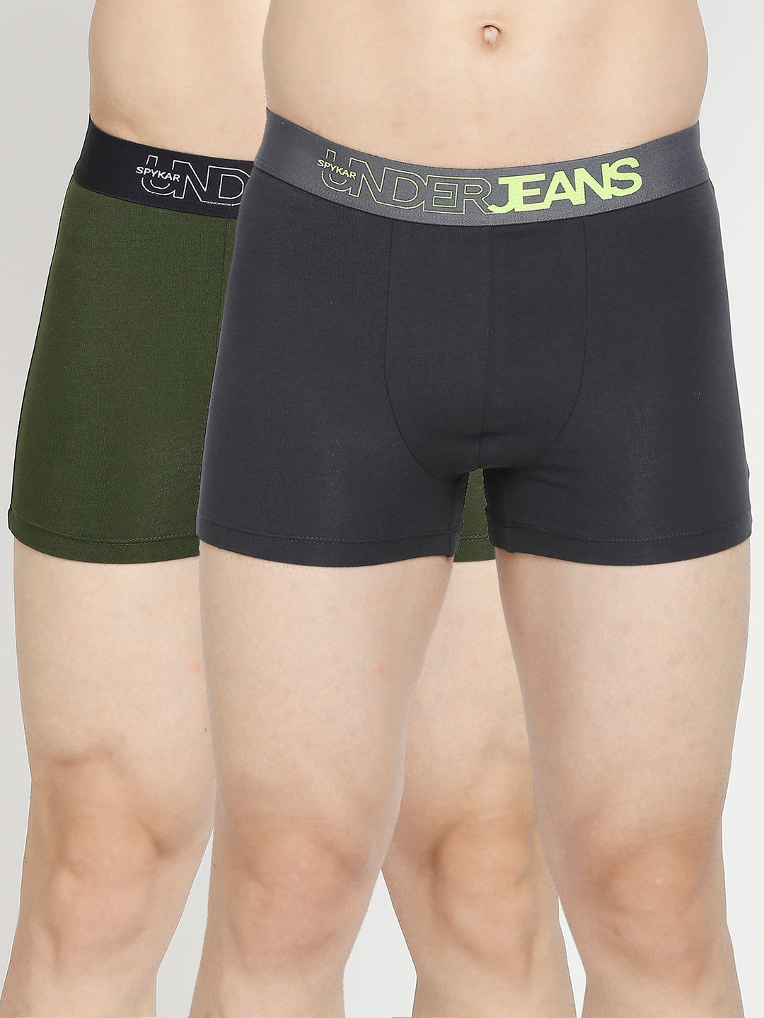 Men Premium Dark Grey & Olive Cotton Blend Trunk - Pack Of 2- Underjeans By Spykar