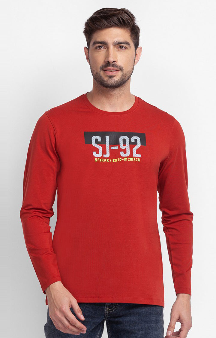 Buy Spykar Brick Red Cotton Full Sleeve Printed Casual T Shirt For Men Online