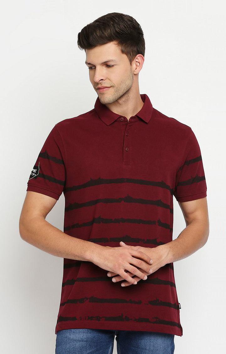 Spykar Men Maroon Cotton Slim Fit Round Neck Polo T-Shirt