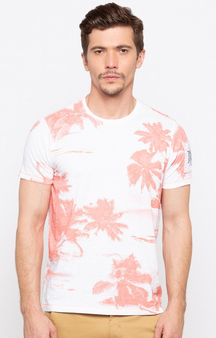 Spykar Peach Printed Slim Fit Men T-Shirts