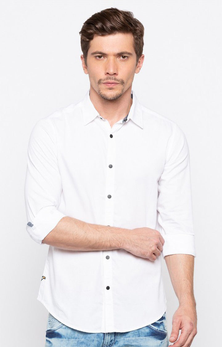 Spykar Men'S White Cotton Solid Casual Shirts