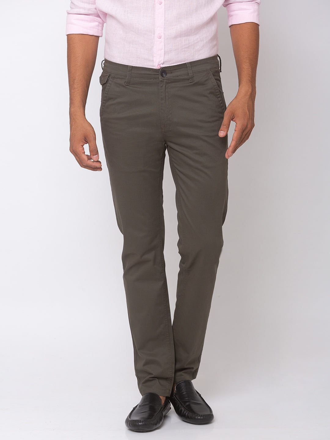 Spykar Men Olive Cotton Slim Fit Trousers