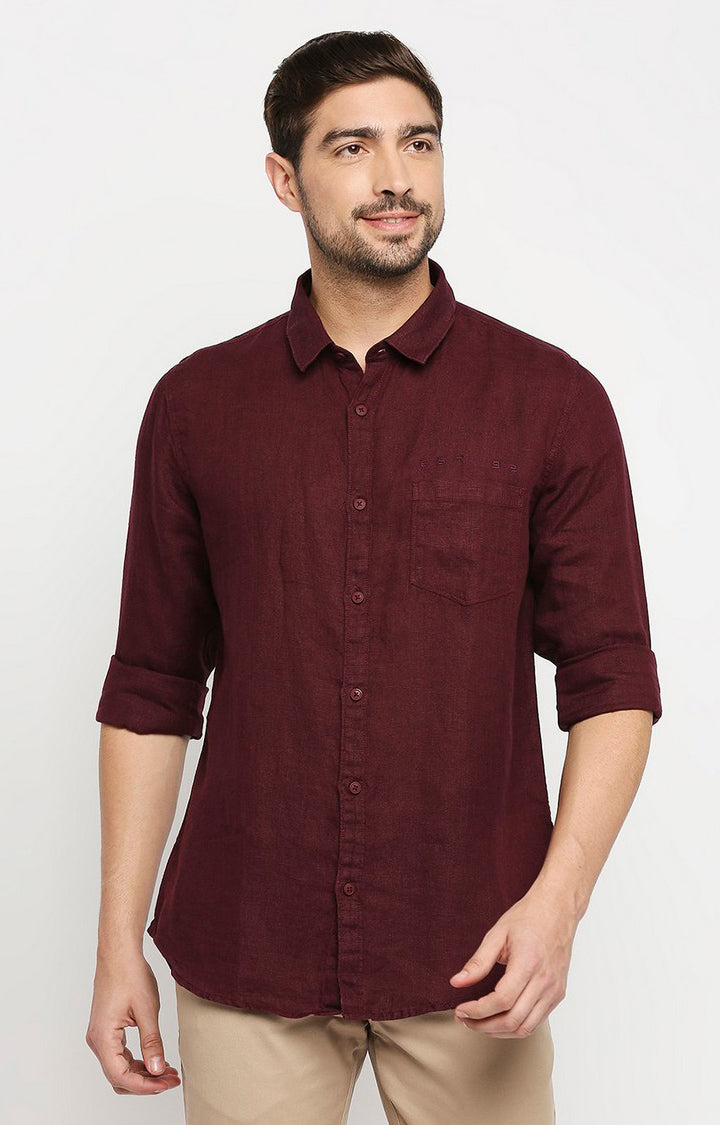 Spykar Men Maroon Cotton Regular Fit Full Sleeve Casual Shirt