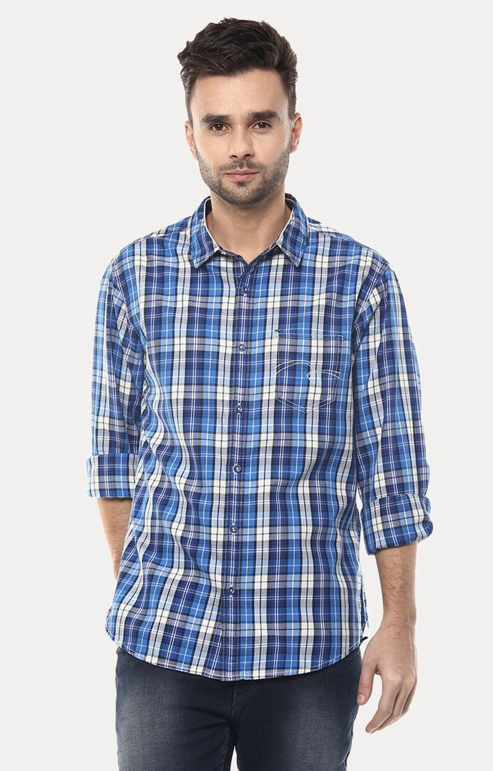 Spykar Men'S Blue Cotton Checked Casual Shirts