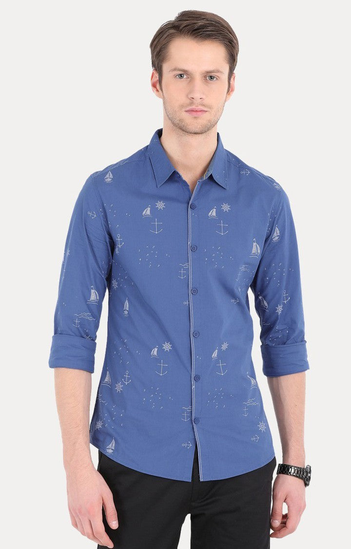 Spykar Men'S Blue Cotton Blend Printed Casual Shirts