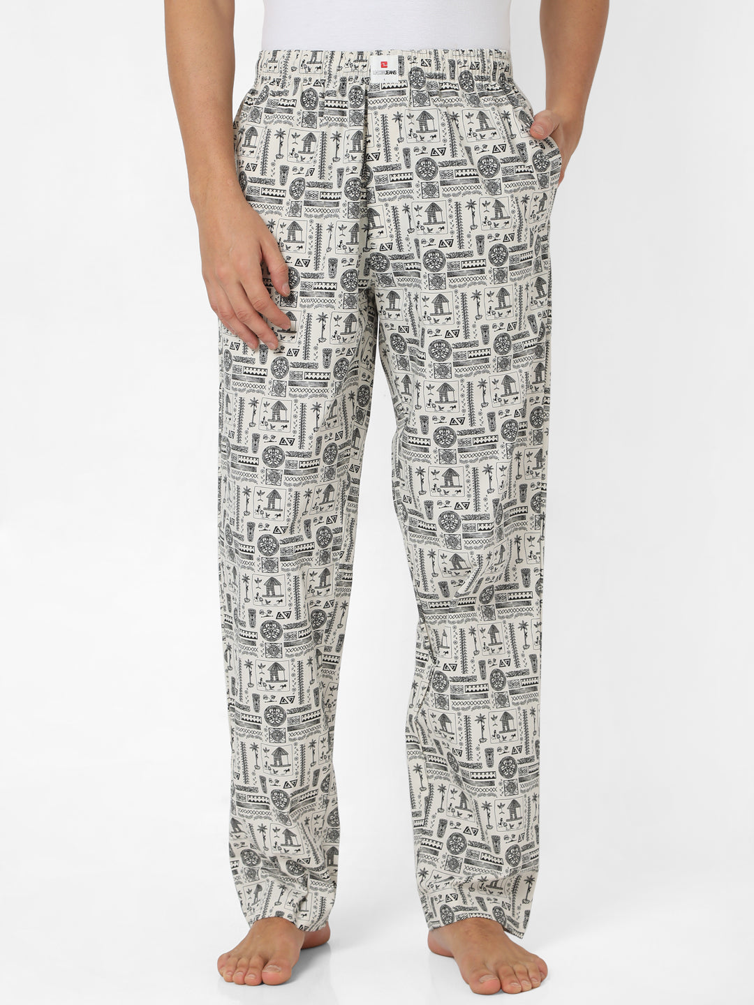 Men Premium Off White & Black Cotton Printed Pyjama - Underjeans By Spykar