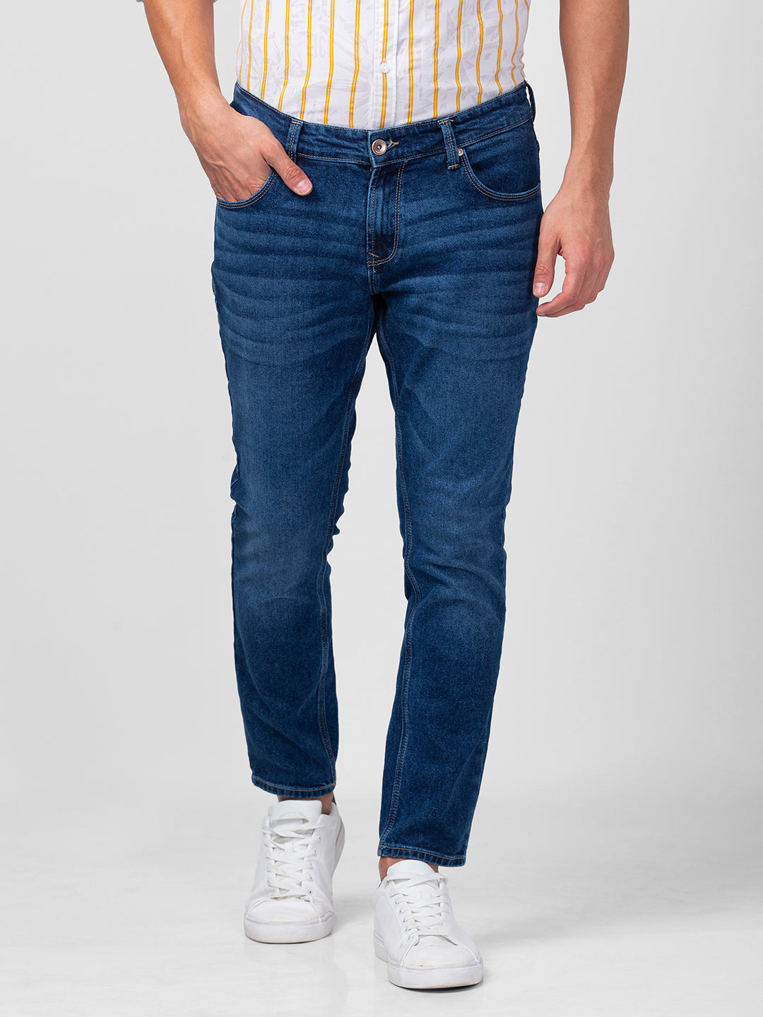 Spykar Men Mid Blue Cotton Slim Fit Tapered Length Jeans (Kano)