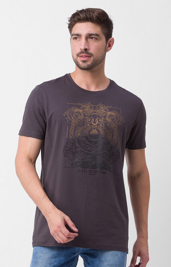 Spykar Slate Grey Cotton Half Sleeve Printed Casual T-Shirt For Men