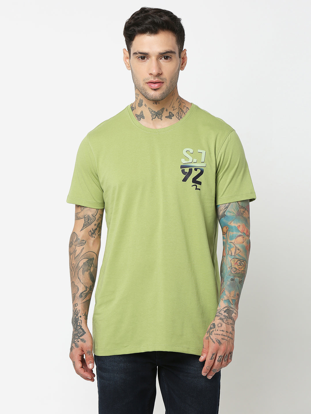 Spykar Men Dusty Green Cotton Slim Fit Round Neck Plain T-Shirt