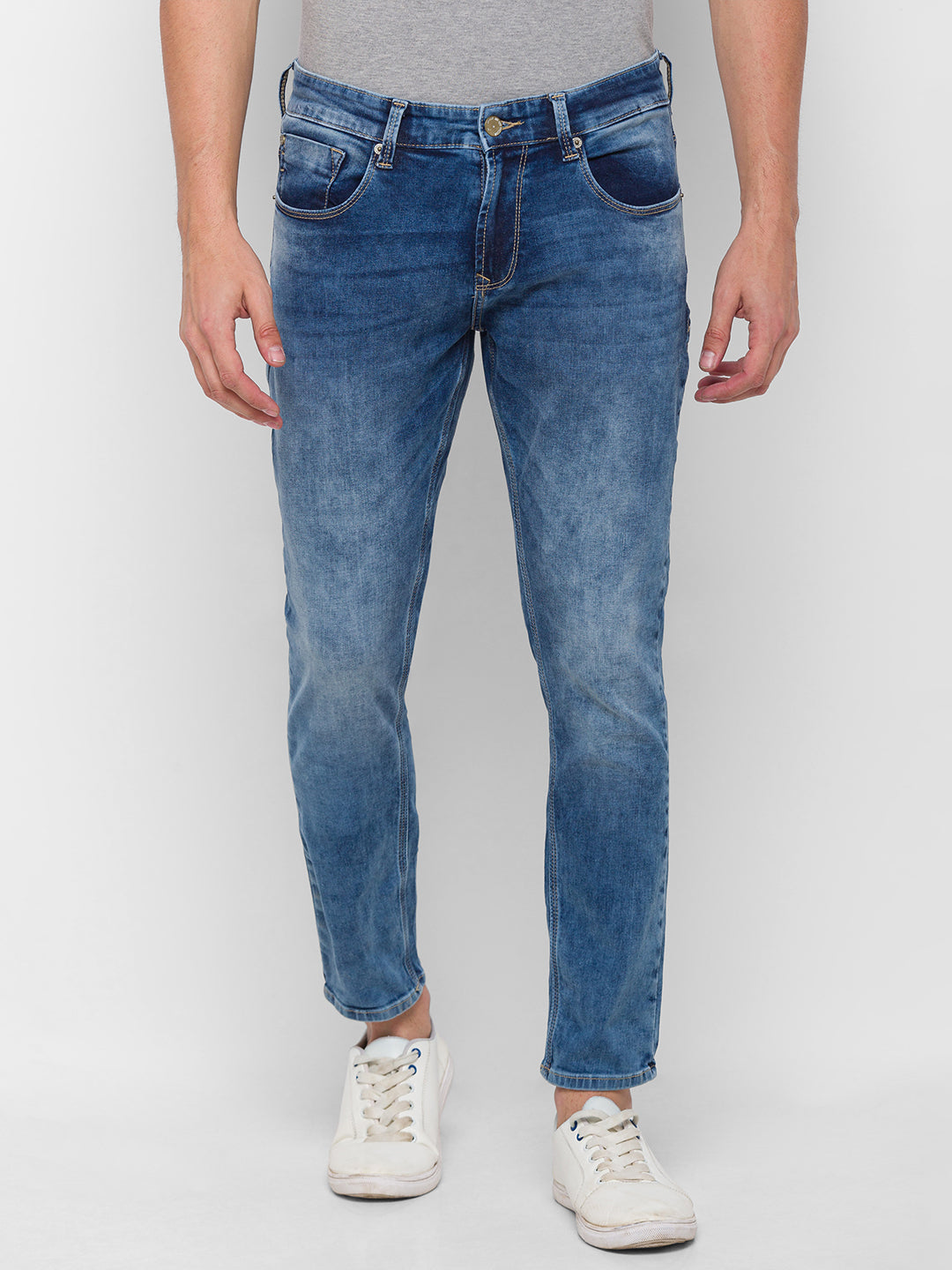 Spykar Blue Cotton Slim Fit Tapered Ankle Length Jeans For Men