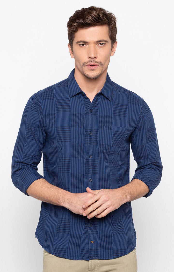 Spykar Men'S Blue Cotton Checked Casual Shirts