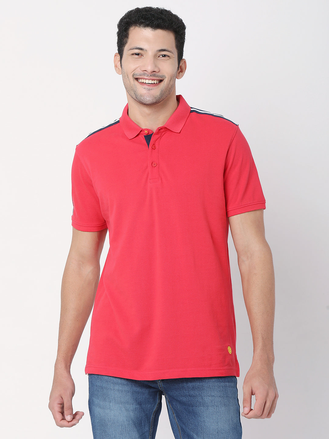 Spykar Men Deep Coral Cotton Half Sleeve Casual Plain Polo Tshirt