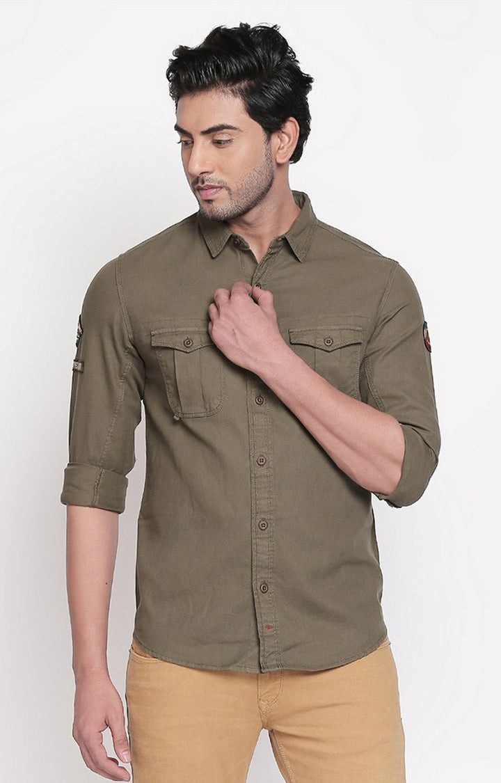 Spykar Men'S Green Cotton Solid Casual Shirts