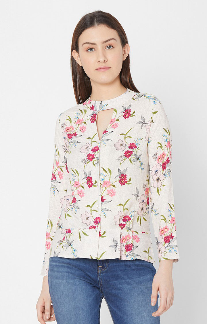 Spykar Women Ecru Rayon Floral Full Sleeve Top