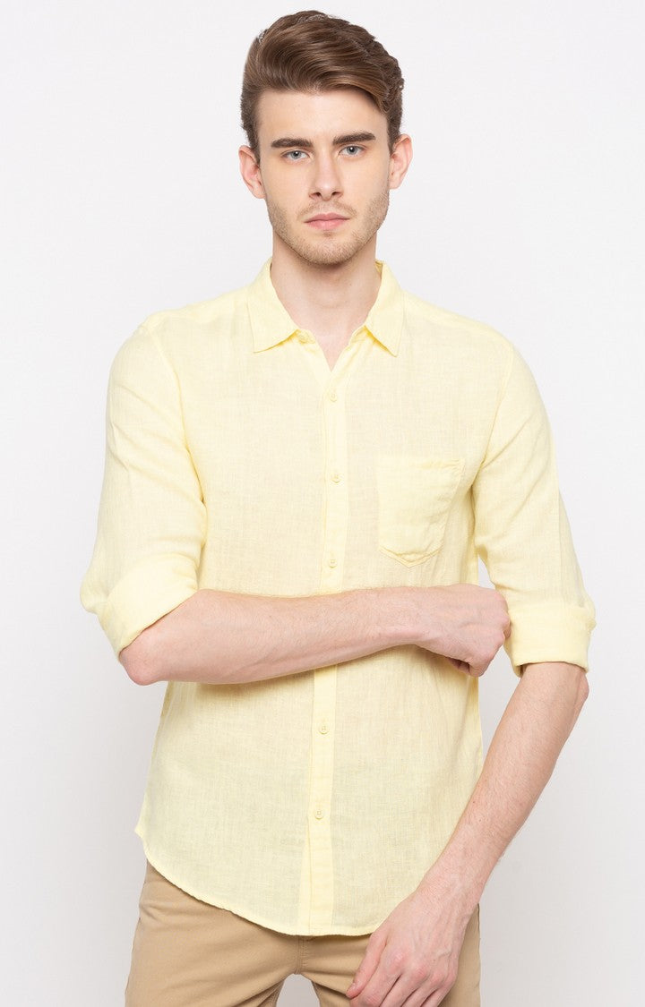 Spykar Men'S Yellow Cotton Solid Casual Shirts