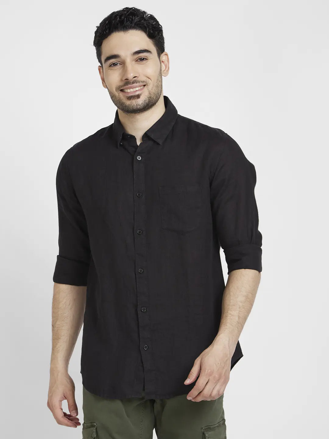 Spykar Men Black Linen Slim Fit Plain Shirt