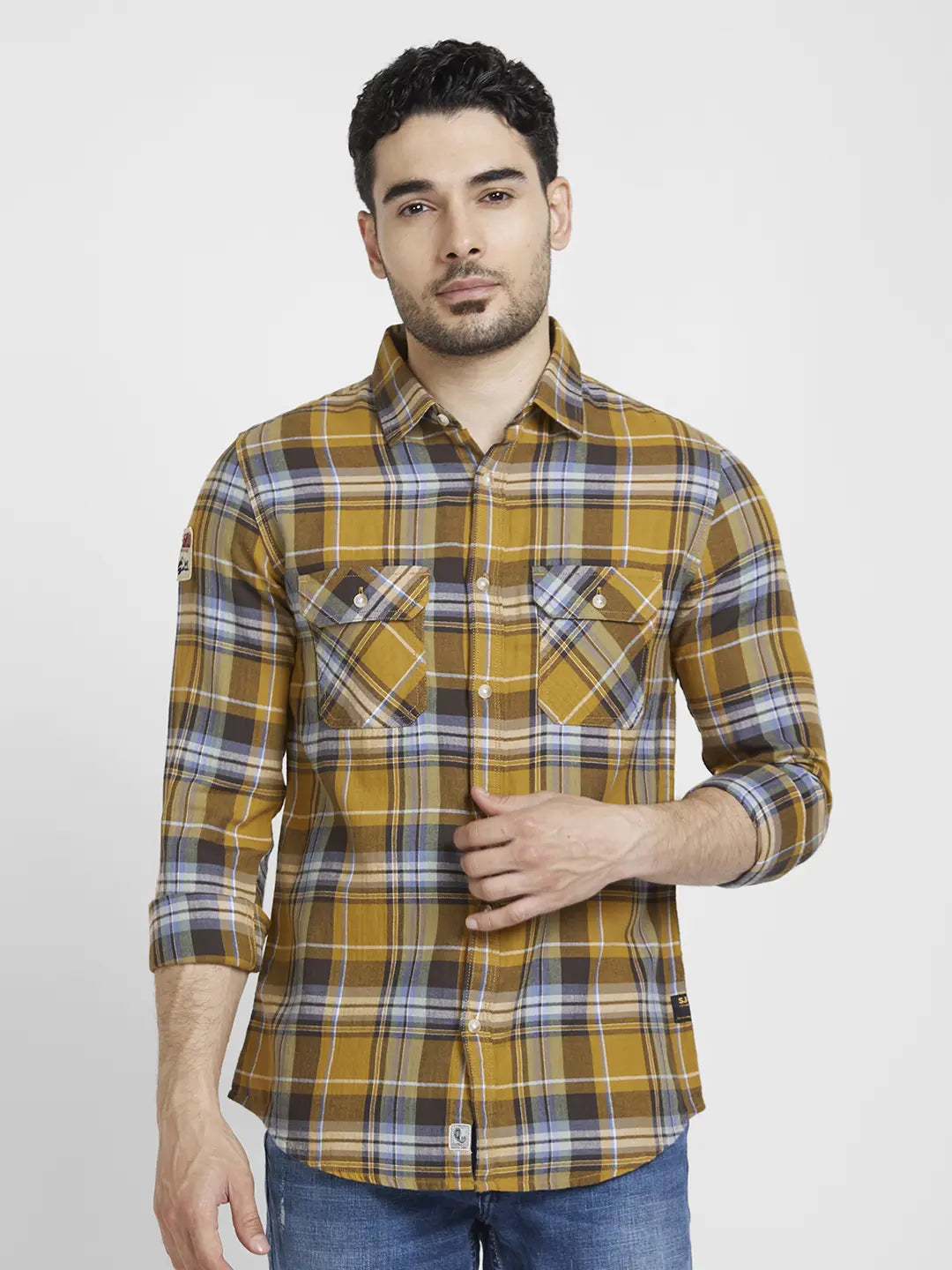 Spykar Men S and Khaki Cotton Regular Slim Fit Full Sleeve Checkered Shirt