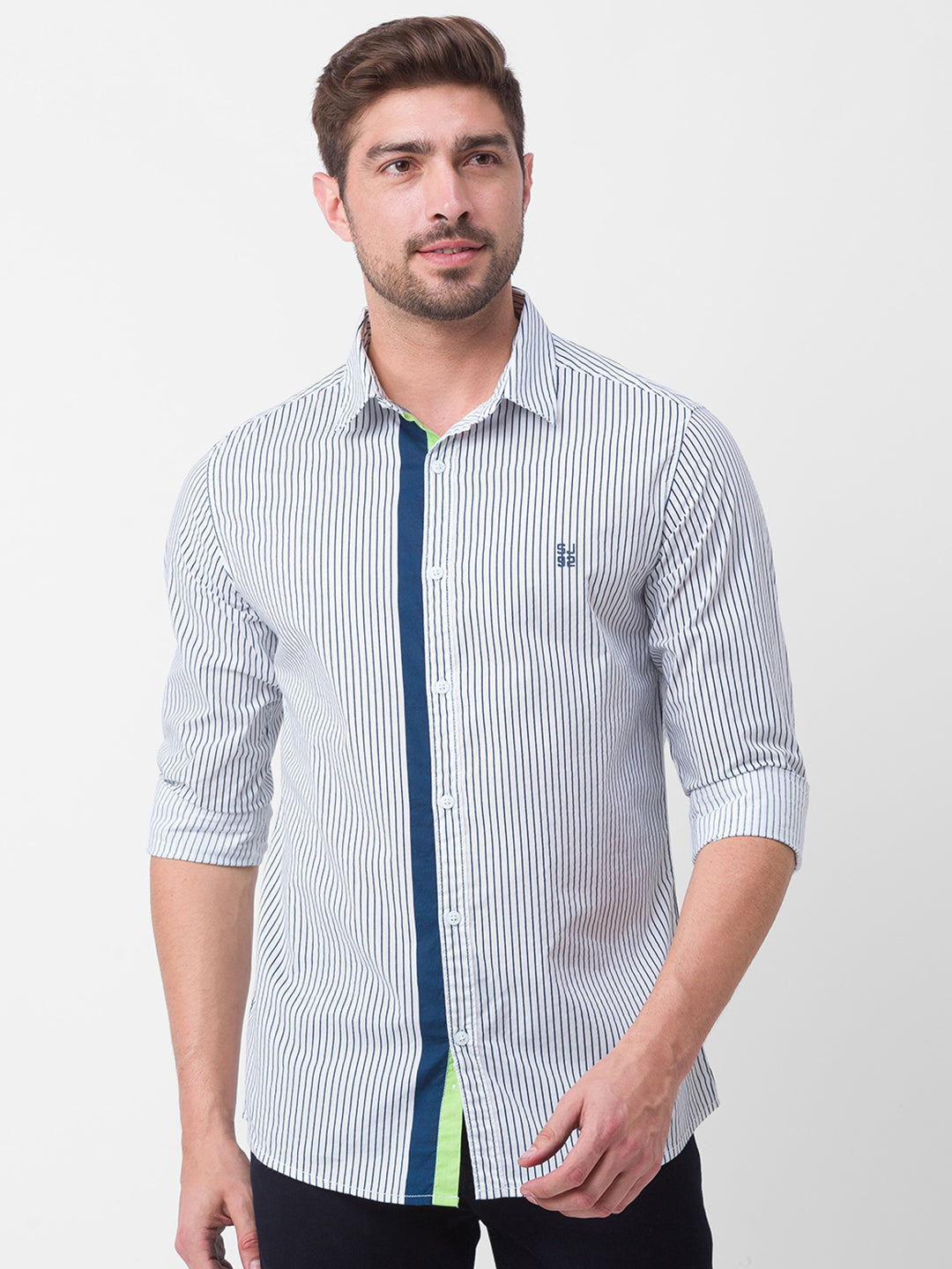 Spykar White Cotton Full Sleeve Stripes Shirt For Men