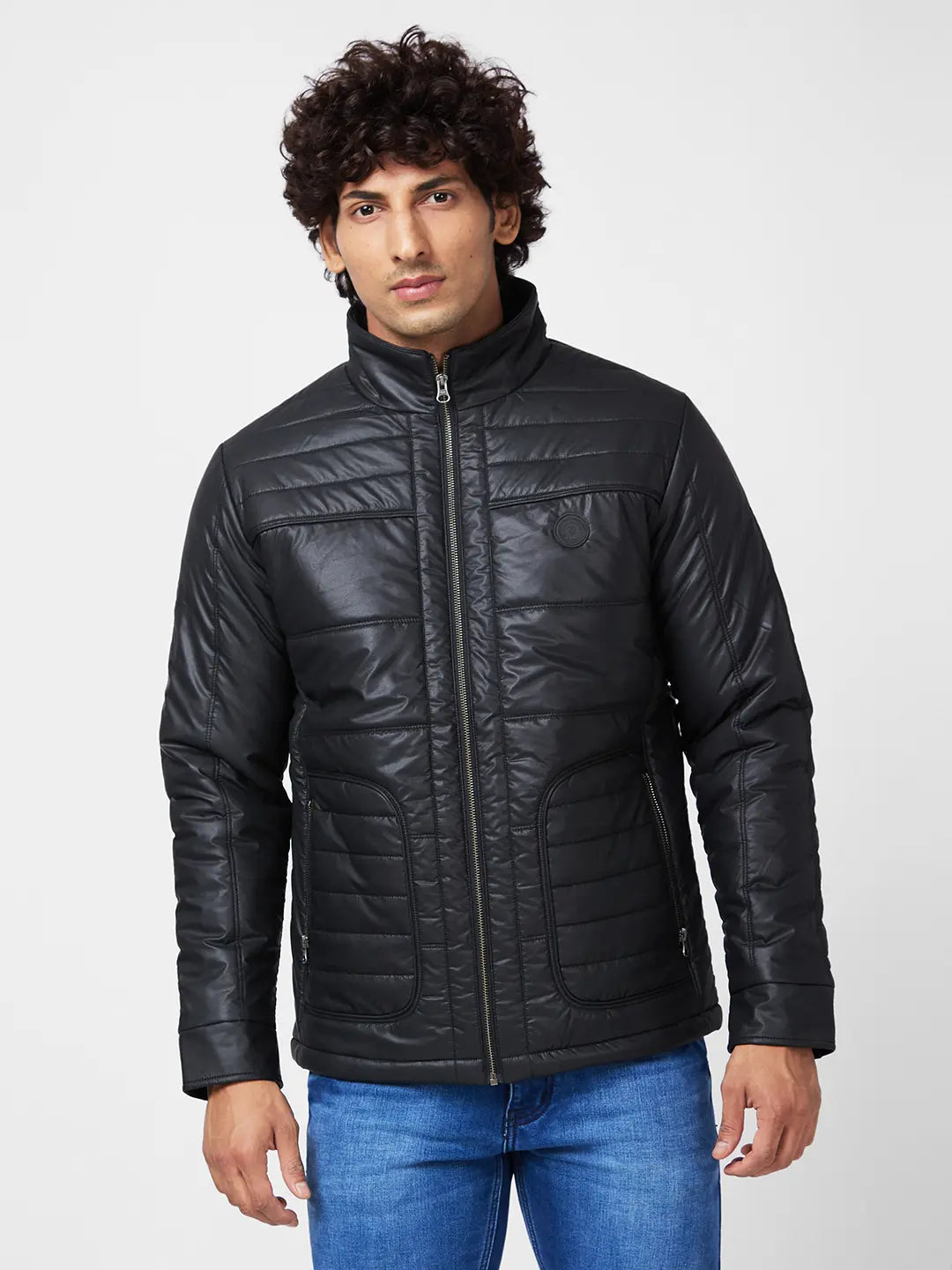 Men'S Leather Look Jacket With Chest Silicon Badge