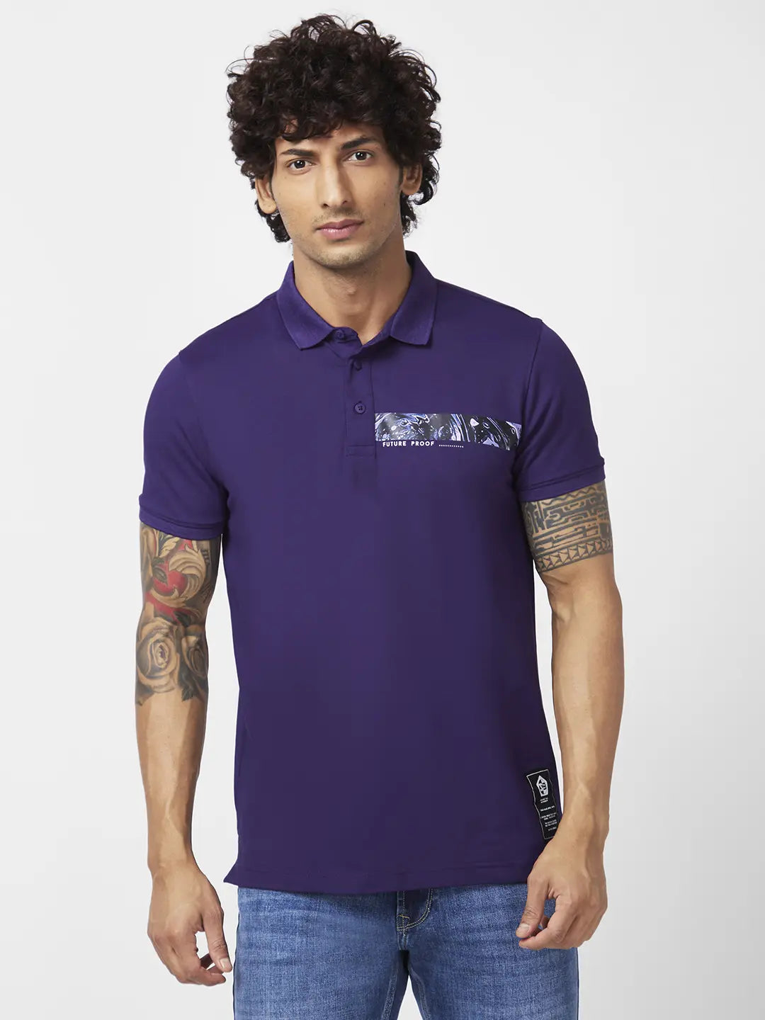 Spykar Men Deep Purple Blended Slim Fit Half Sleeve Polo Neck Plain Tshirt