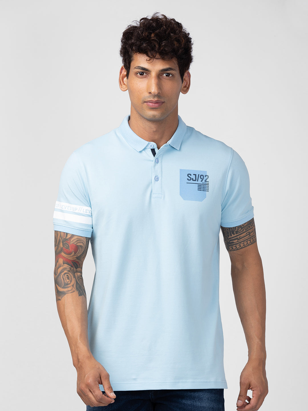 Spykar Men Powder Blue Cotton Regular Fit Half Sleeve Plain Polo T-Shirt