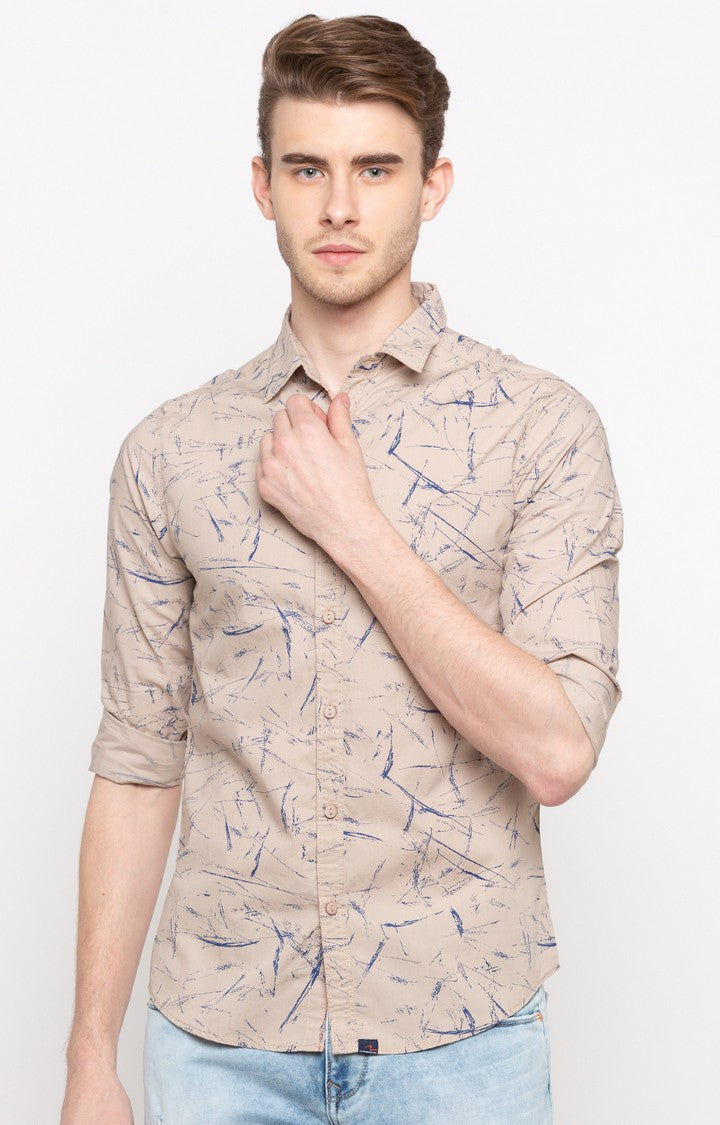 Spykar Men'S Beige Cotton Printed Casual Shirts