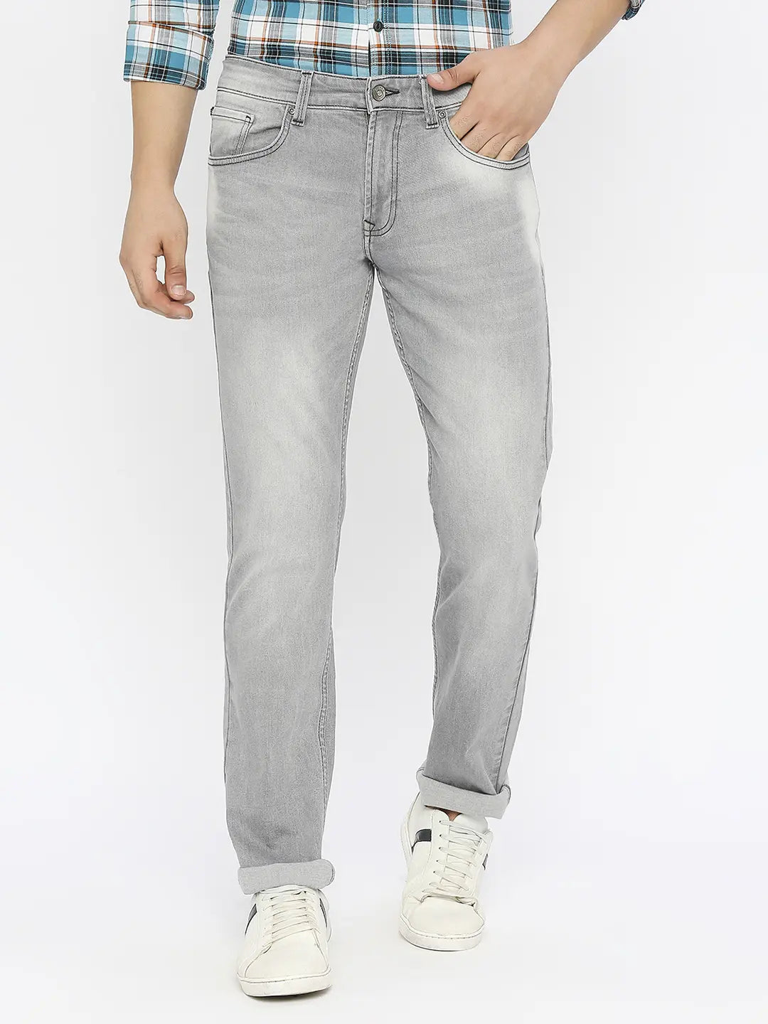 Spykar Men Light Grey Cotton Stretch Comfort Fit Straigth Length Clean Look Mid Rise Jeans-(Ricardo)