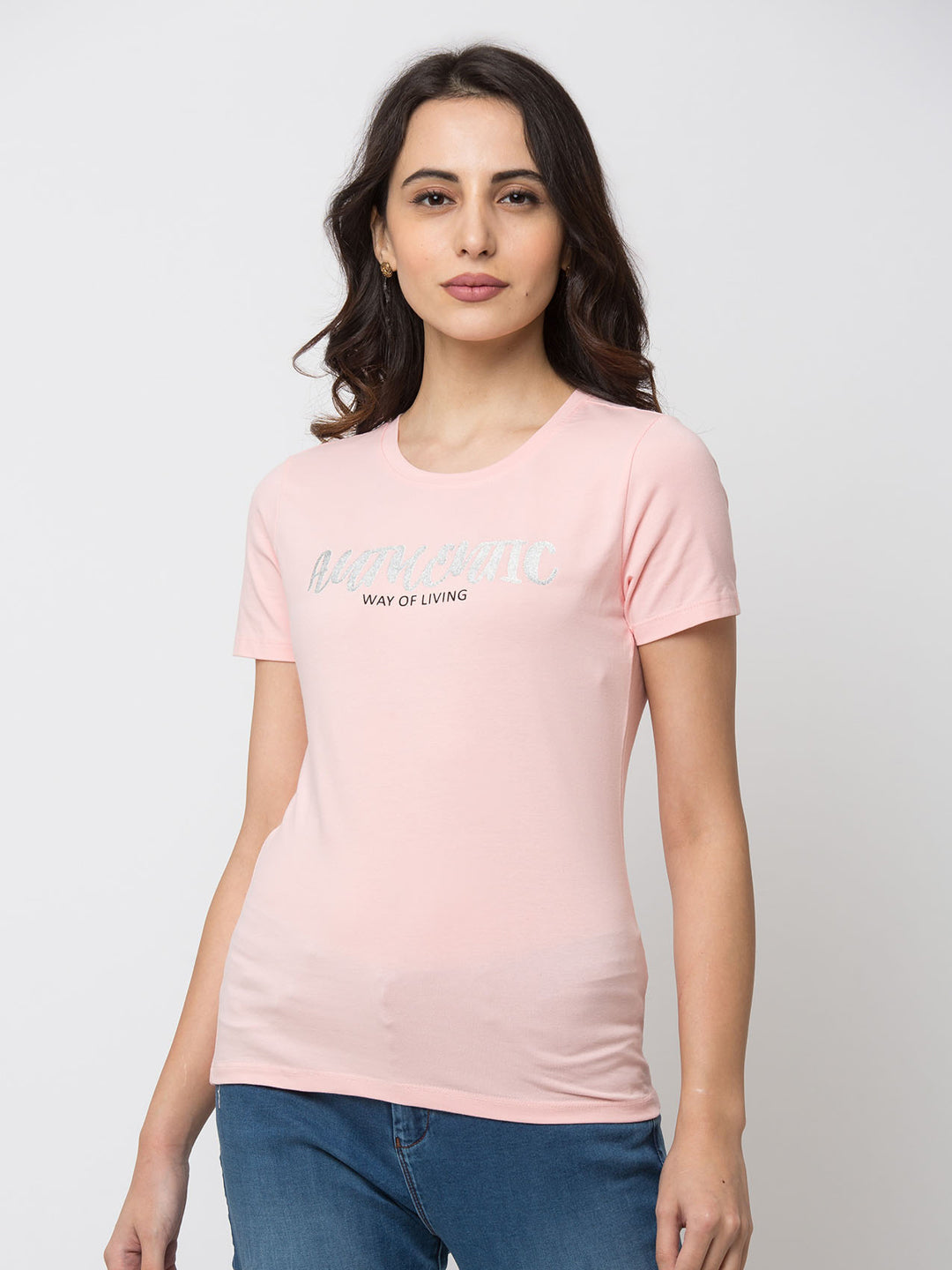 Spykar Women Pink Lycra Regular Round Neck T-Shirt