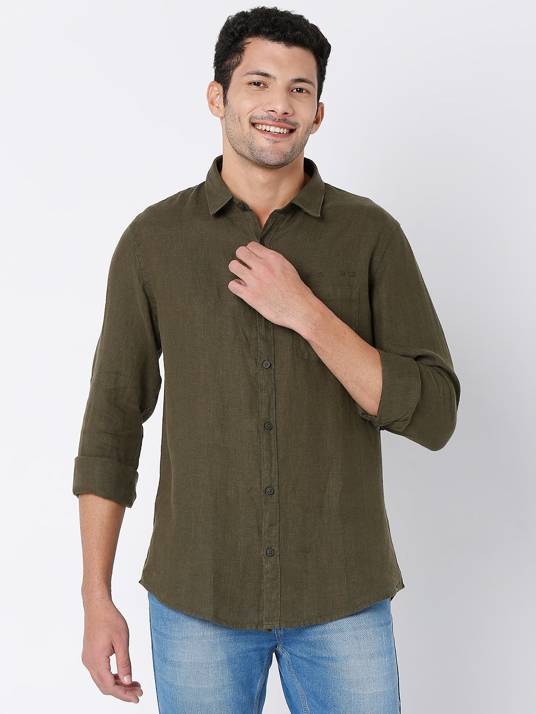 Spykar Men Green Cotton Full Sleeve Plain Shirt