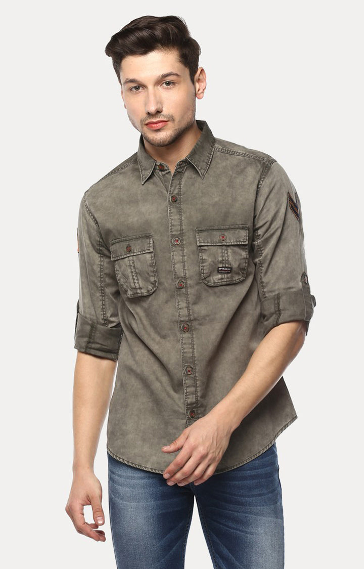 Spykar Men'S Green Cotton Solid Casual Shirts