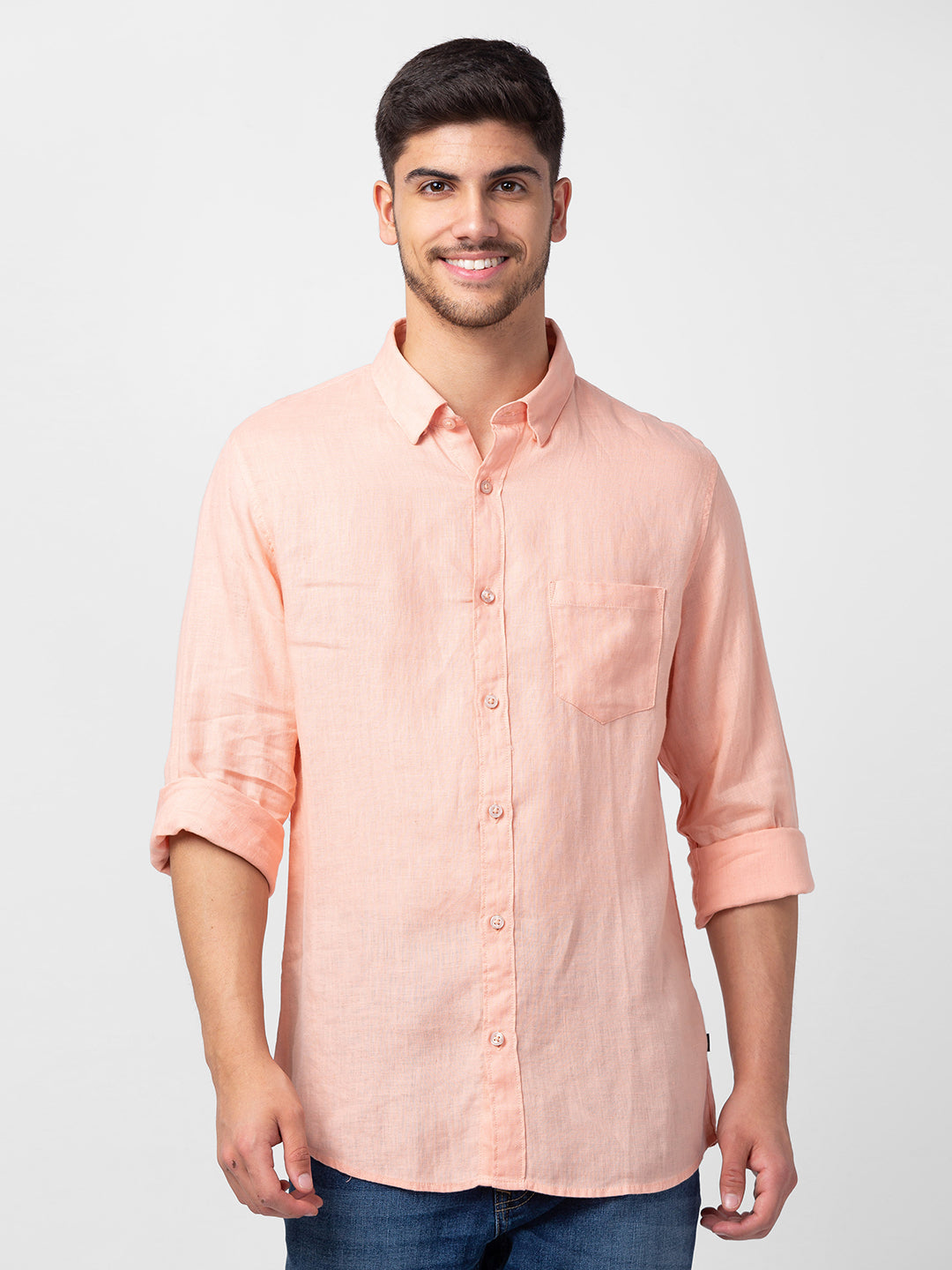 Spykar Men Peach Cotton Slim Fit Plain Shirt