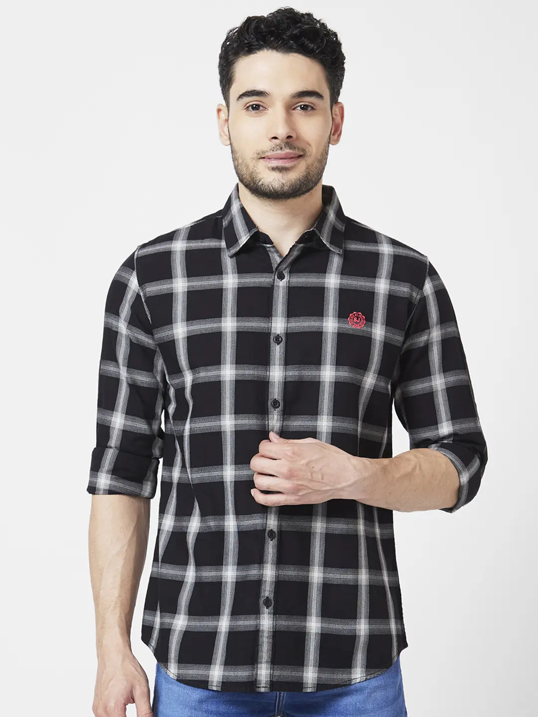 Spykar Men Silver Grey Cotton Regular Slim Fit Full Sleeve Checkered Shirt