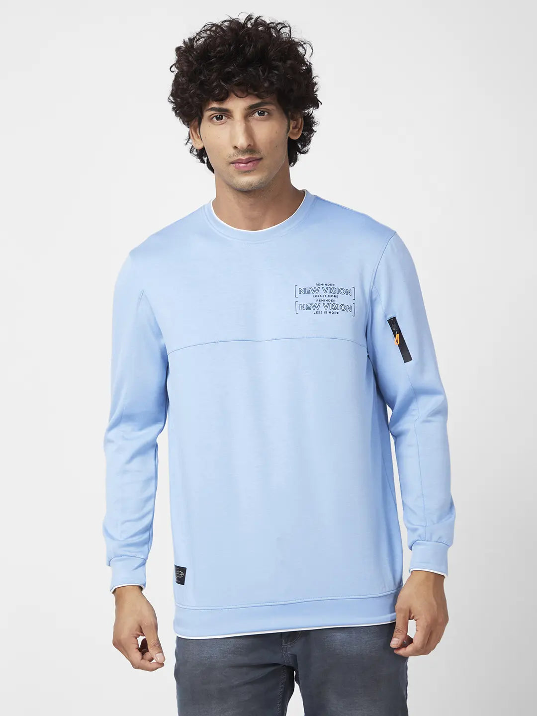 Spykar Men Powder Blue Blended Slim Fit Full Sleeve Round Neck Printed Casual Sweatshirt