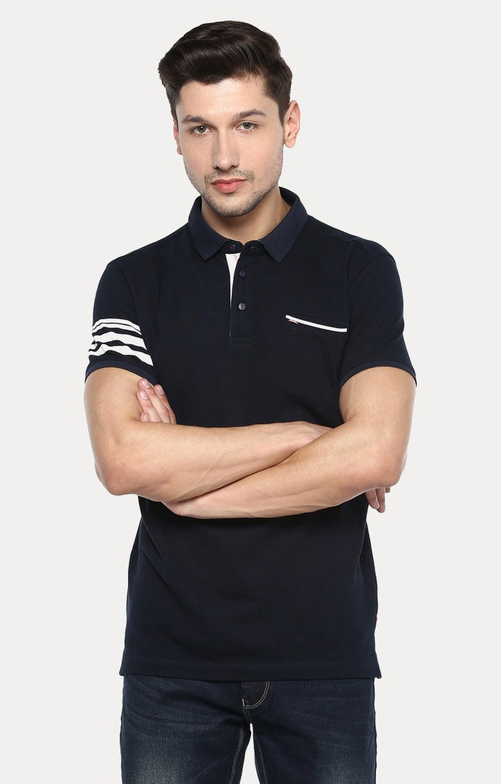 Spykar Navy Blue Solid Slim Fit Polo T-Shirt