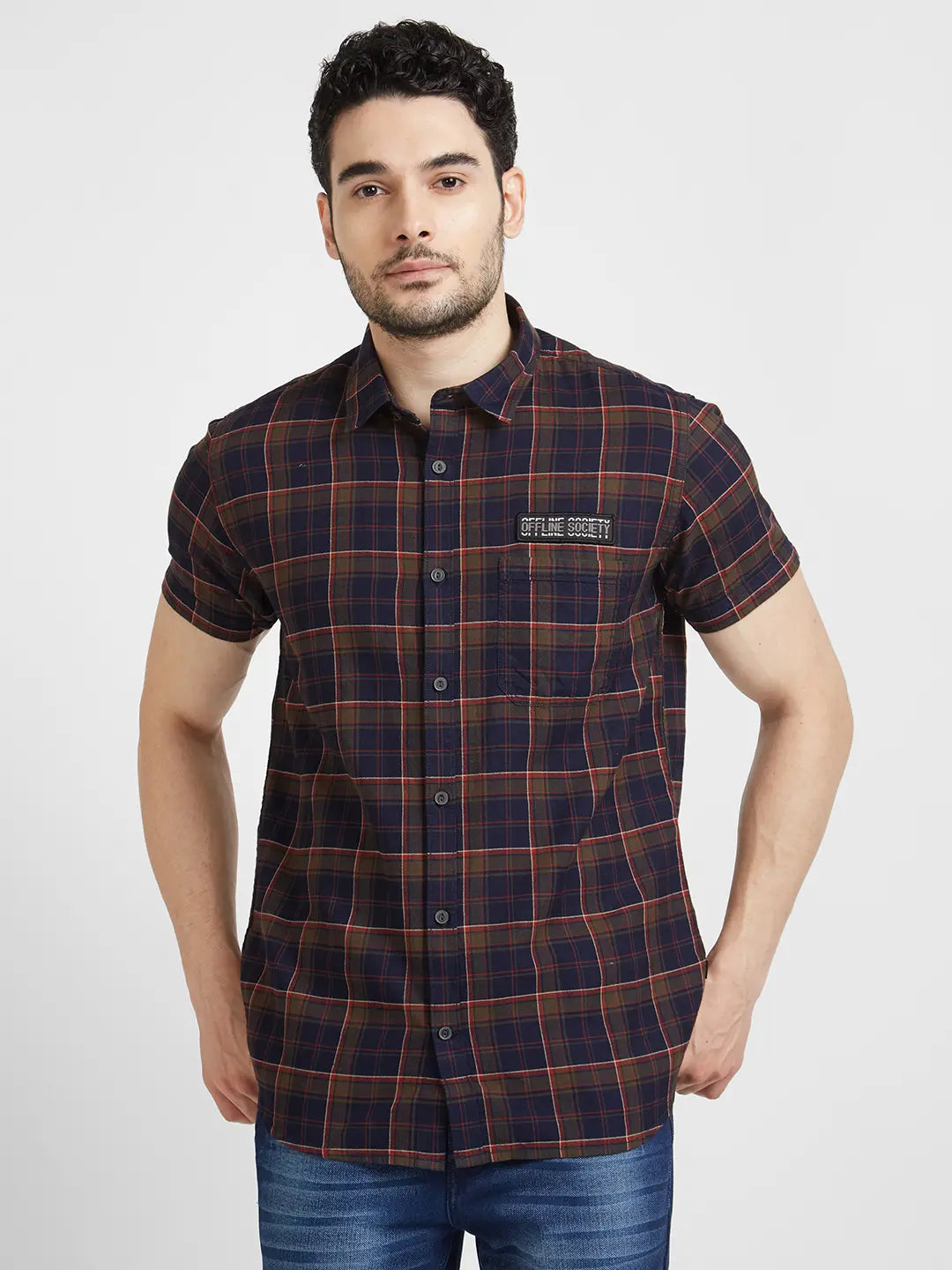 Spykar Men Brick Red Cotton Regular Slim Fit Half Sleeve Checkered Shirt