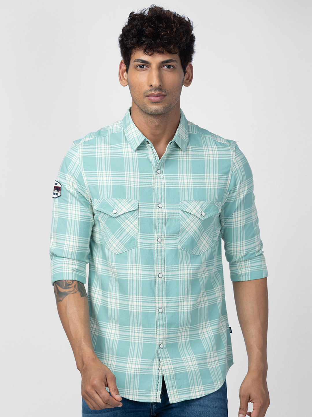 Spykar Men Sage Green Cotton Slim Fit Checkered Shirt