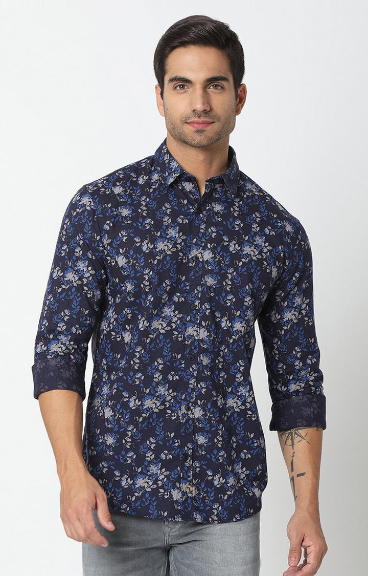 Spykar Men Blue Cotton Floral Print M and arin Collar Shirt