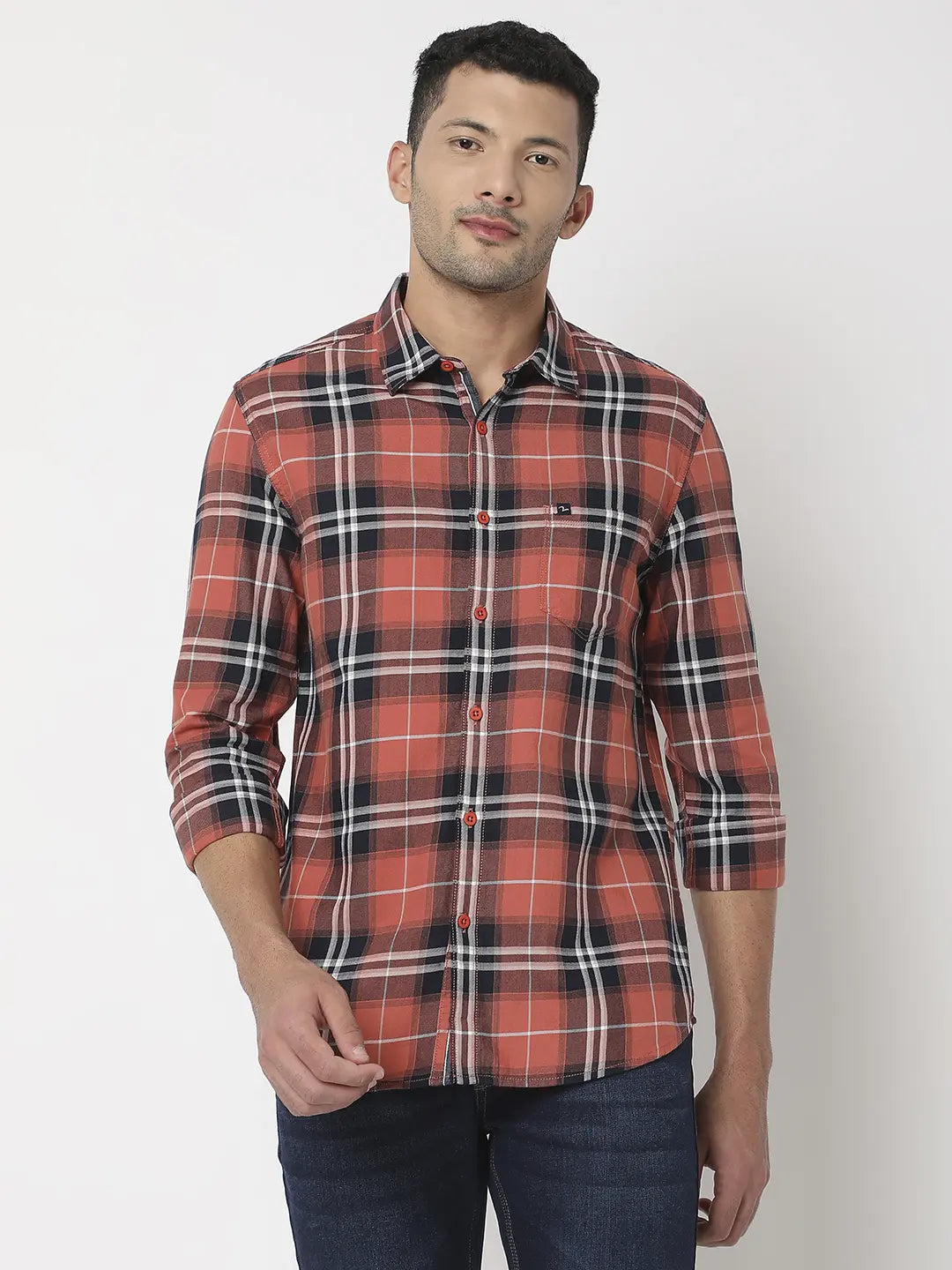 Spykar Men Coral Cotton Slim Fit Checkered Shirt