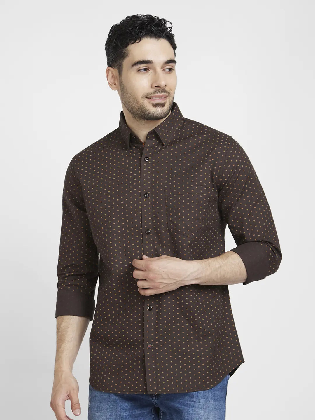 Spykar Men Coffee Brown Cotton Regular Slim Fit Full Sleeve Printed Shirt