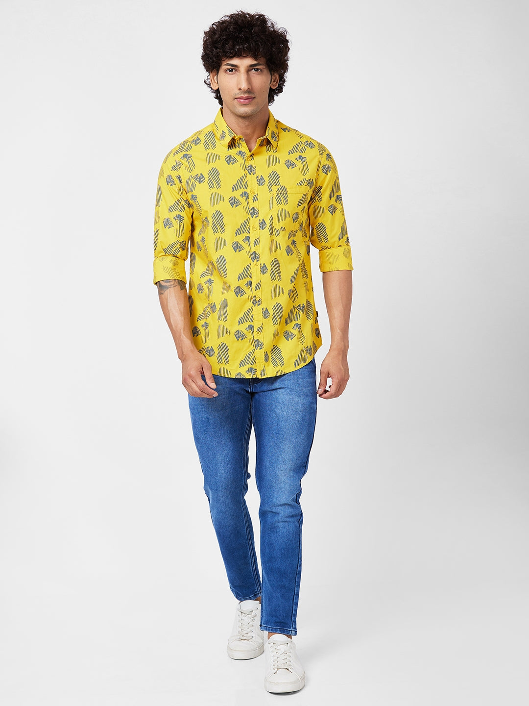 Spykar Men Sulphur Yellow Cotton Slim Fit Printed Shirt