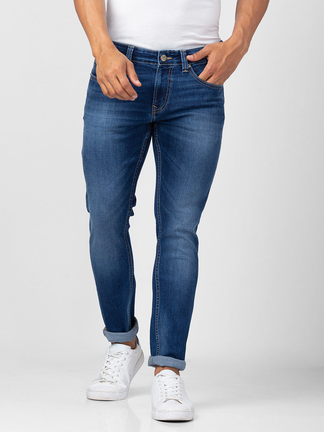 Spykar Men Mid Blue Cotton Super Slim Fit Tapered Length Jeans (Super Skinny)