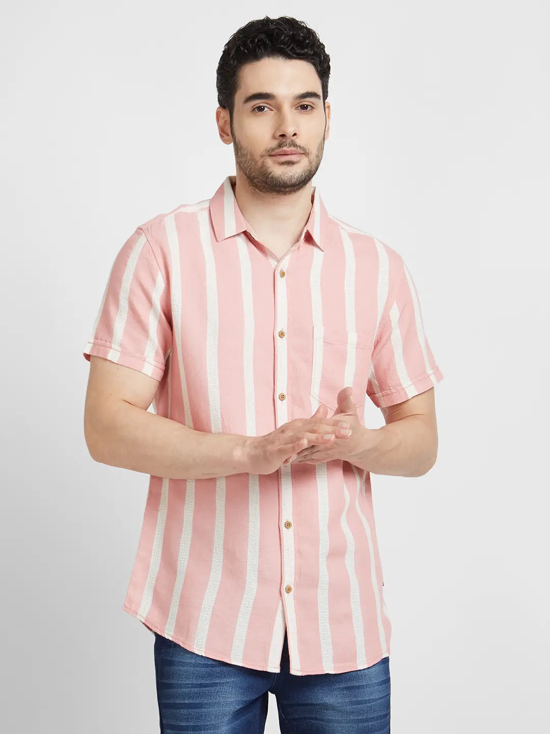 Spykar Men Dusty Pink Cotton Slim Fit Half Sleeve Striped Shirt